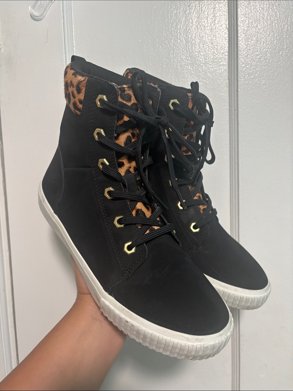 Timberland Black High-Top Sneakers with Leopard Accent
